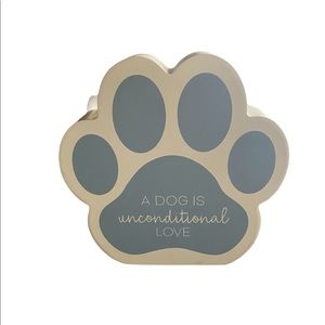 A brand new dog paw table plaque/ home decor, blue and white colors.